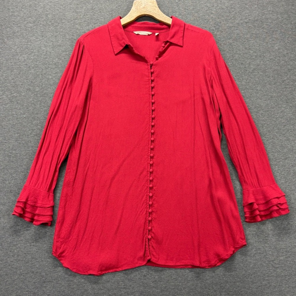 Soft Surroundings Blouse Womens XL Red Rayon Ruffle Sleeve Collared Button Front